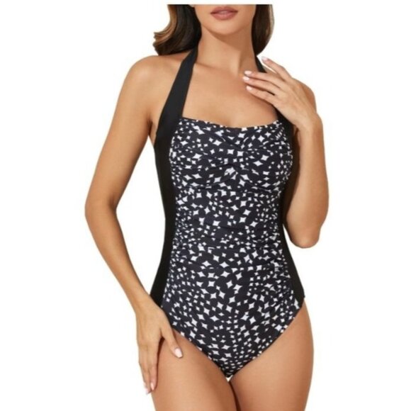 Womens Tummy Control Halter One Piece Swimsuit Ruched Push Up Size Large Beach - Picture 1 of 10
